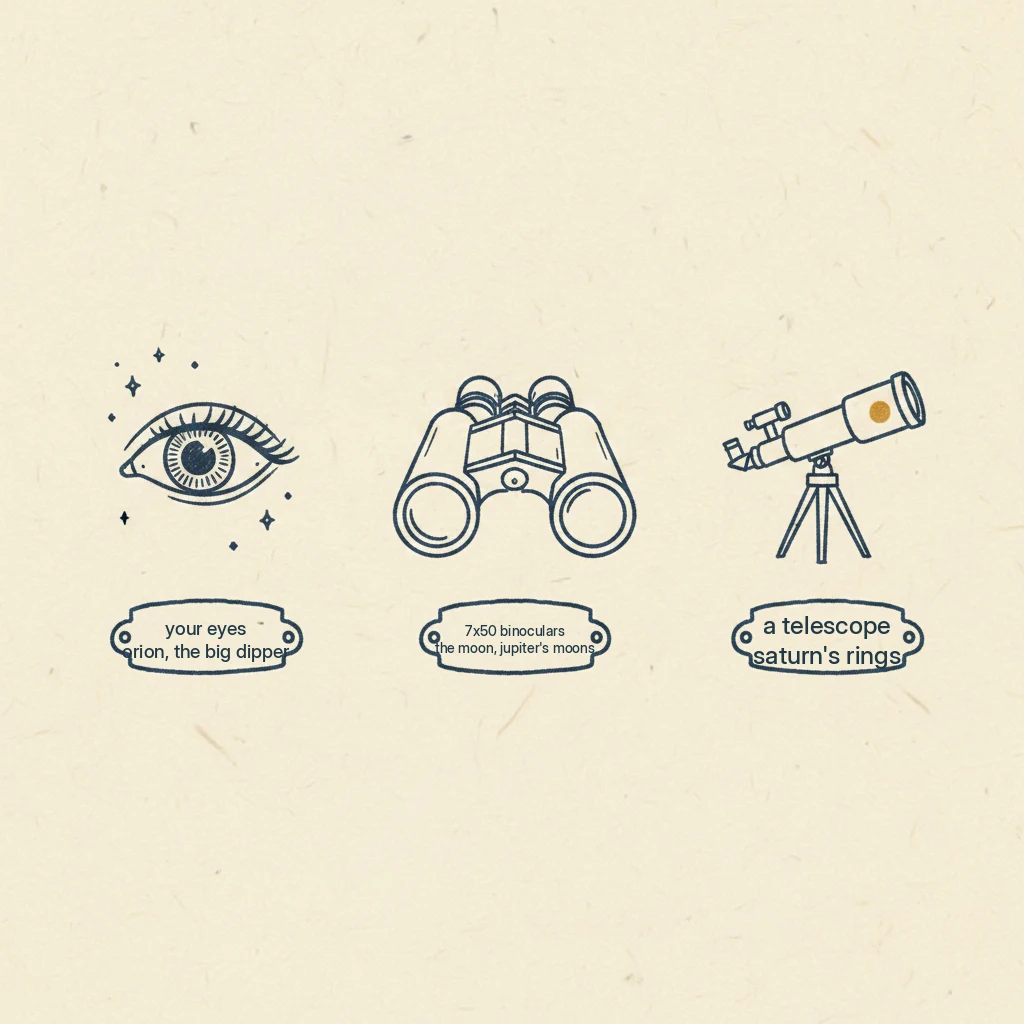the right order to start stargazing: your eyes first, then binoculars, then a telescope, and what you can see at each step