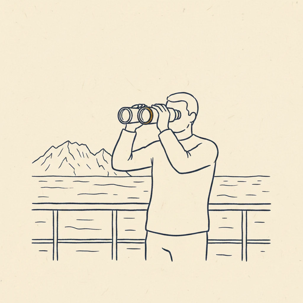 using binoculars from a cruise ship balcony to watch for whales in Alaska