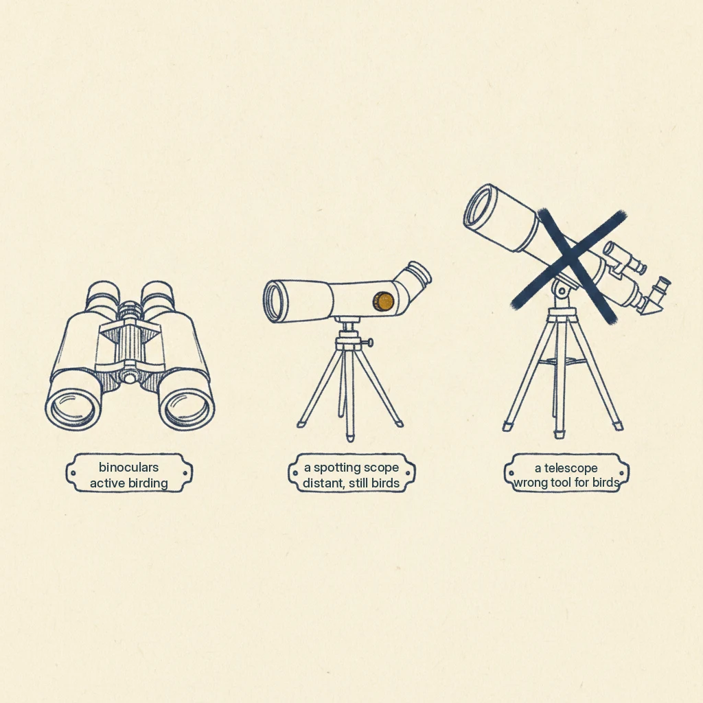 which tool for bird watching, binoculars first, a spotting scope for far-off birds, and why an astronomy telescope is the wrong pick