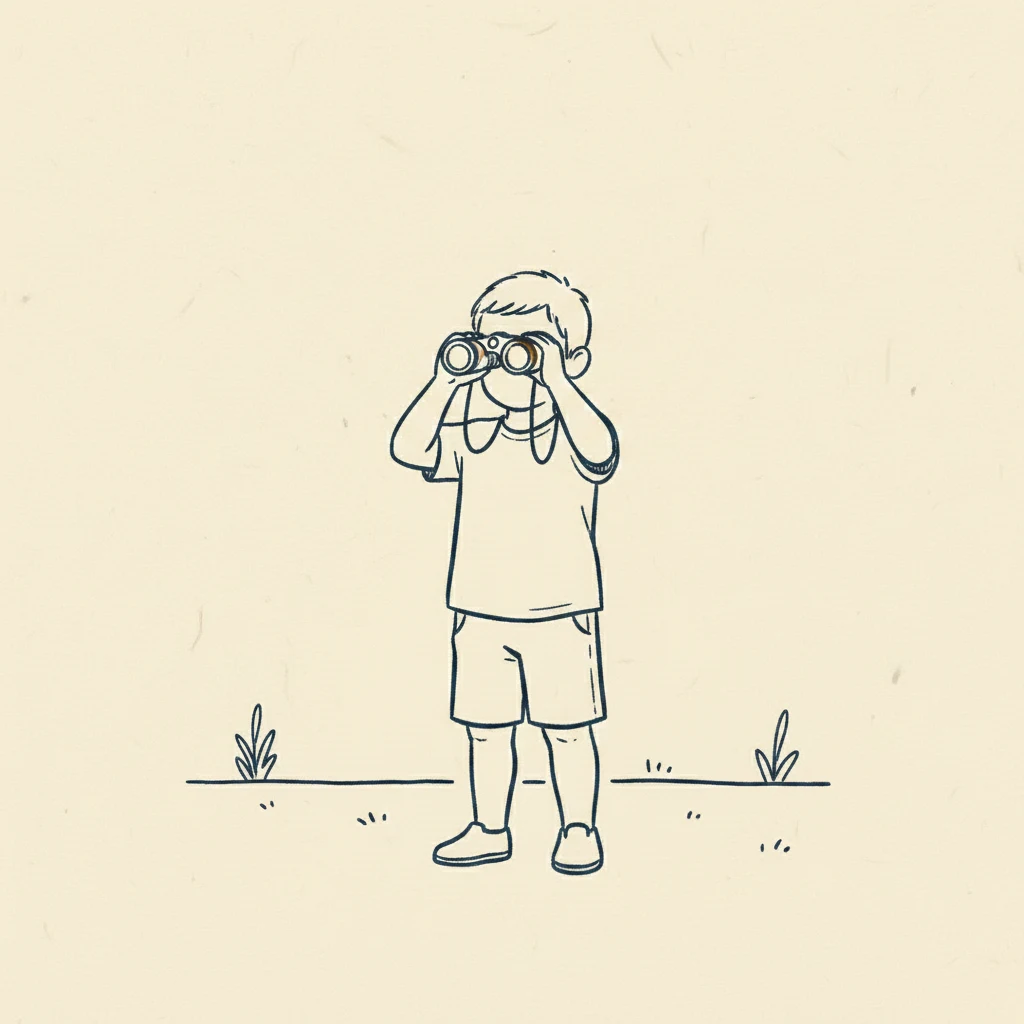 a kid using rubber-armored binoculars in the backyard
