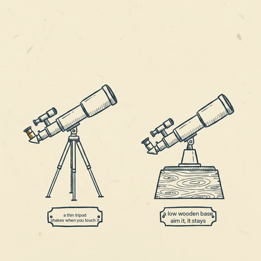 a drawing comparing a shaky telescope tripod to a steady wooden base