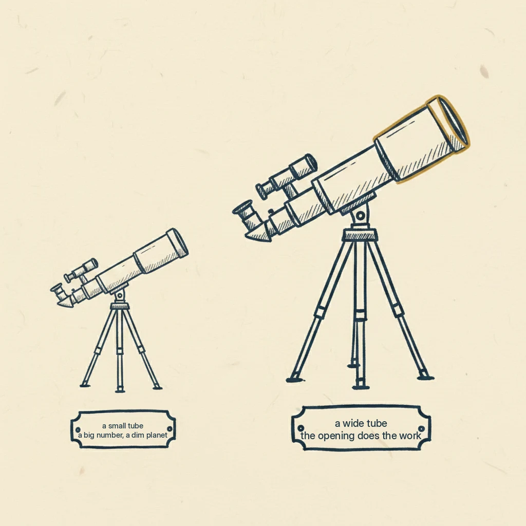 a drawing that explains why a high powered telescope isn't the same as a good telescope