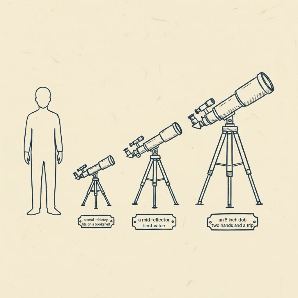 a drawing comparing telescope sizes for adults from apartment size to serious size