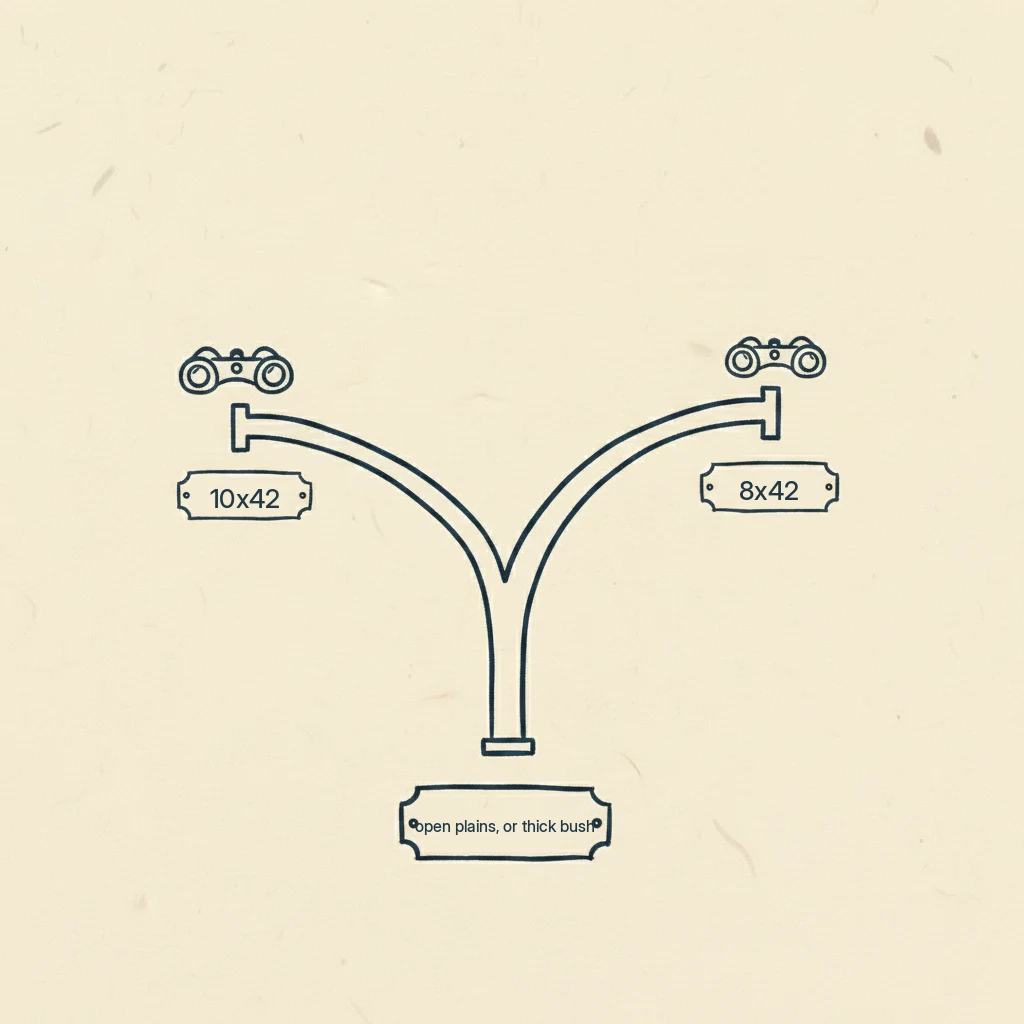 a drawing that helps you choose between 8x42 and 10x42 binoculars for safari