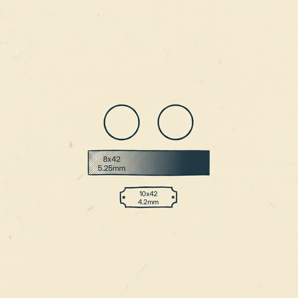 a drawing showing why 8x42 binoculars look brighter than 10x42 in the last minutes of daylight