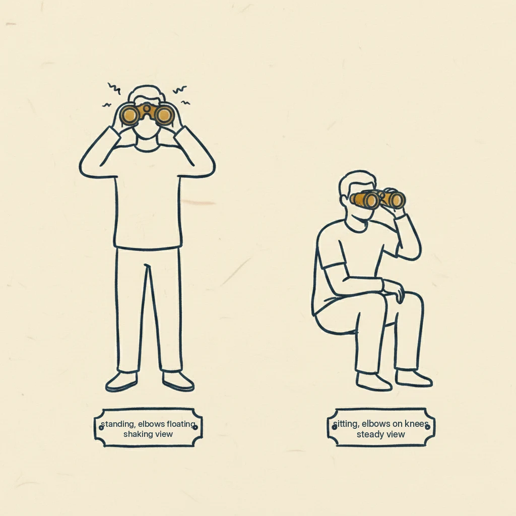 a drawing showing how to hold binoculars steady when hunting from a tree stand