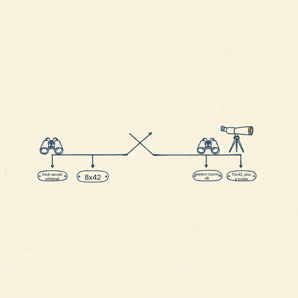 a drawing that helps you choose hunting binoculars based on where you hunt