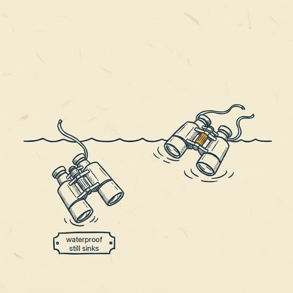 a drawing showing that waterproof binoculars still sink without a floating strap
