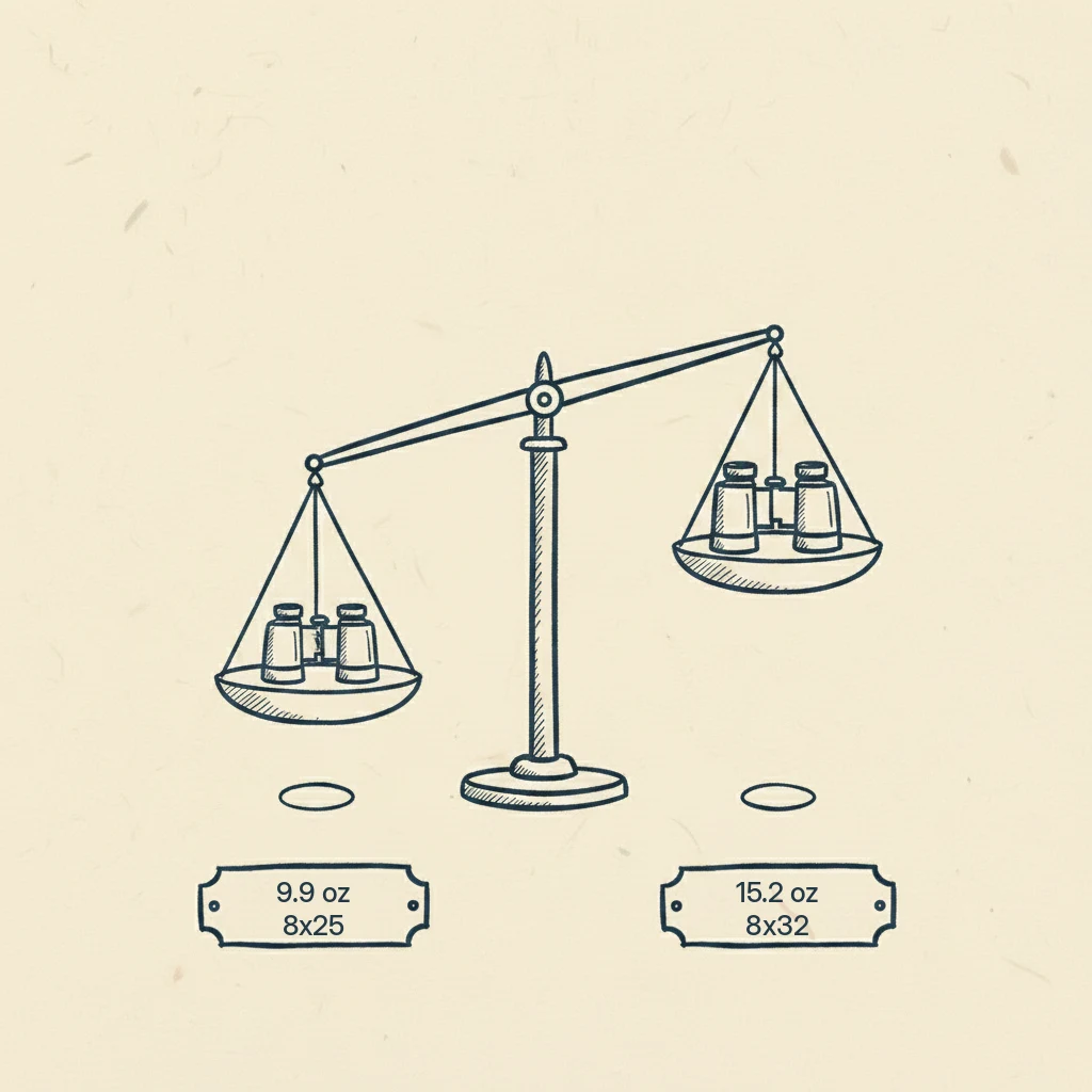 a drawing showing the weight difference between small and medium hiking binoculars and how much light each one lets in