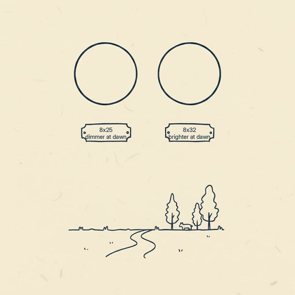 a drawing showing why the smallest hiking binoculars are dimmer at dawn and dusk