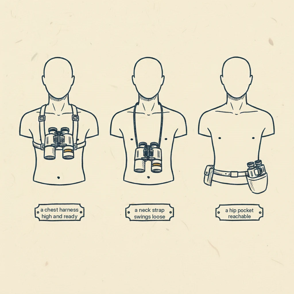 a drawing showing the best way to carry binoculars while hiking