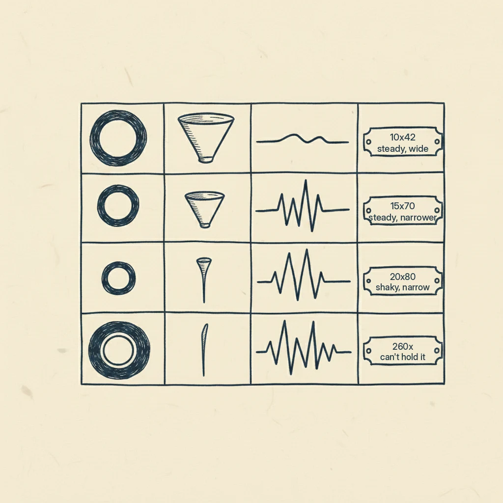 a drawing showing what really happens when you buy binoculars with a bigger magnification number