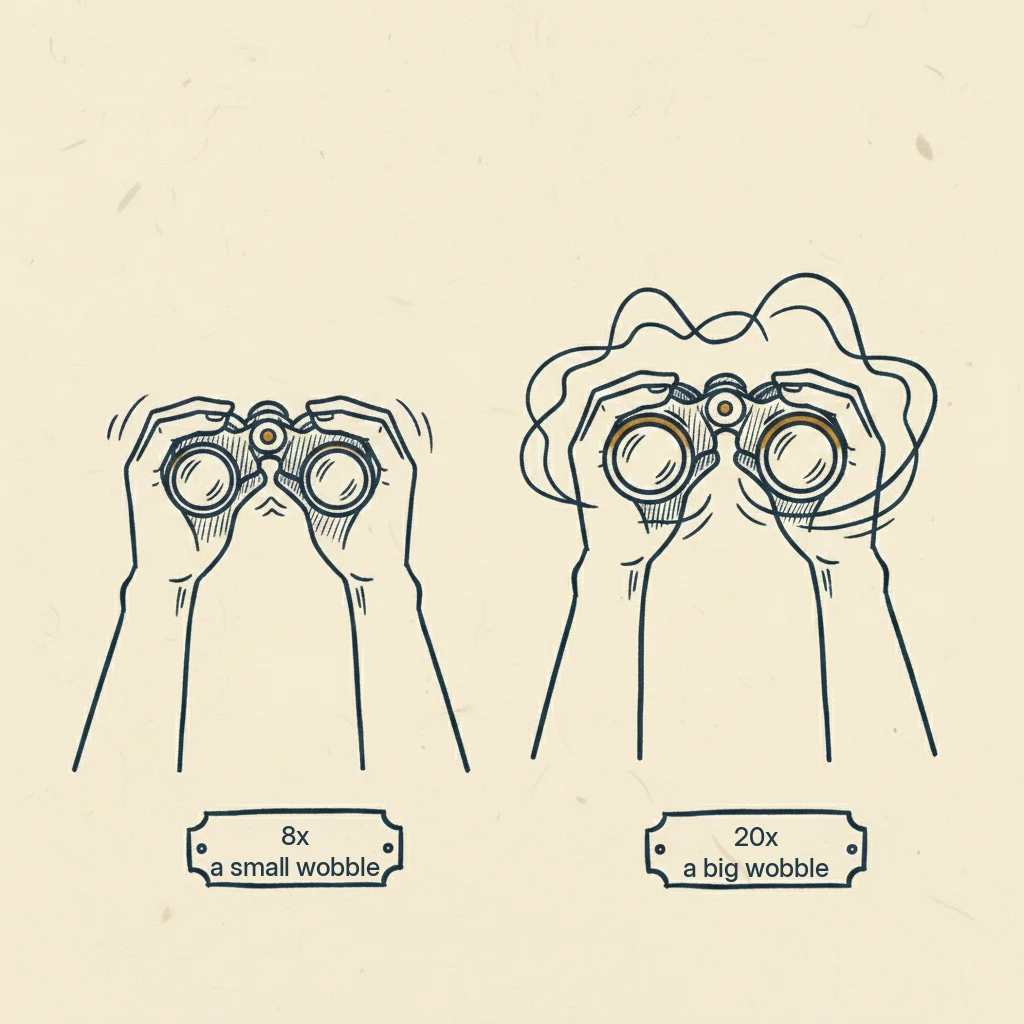 a drawing showing why high power binoculars shake so much in your hands
