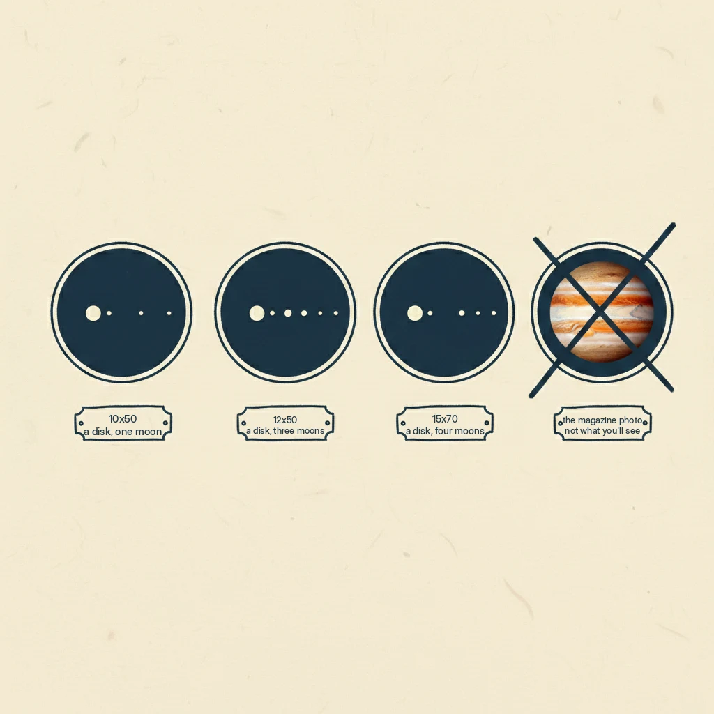 a drawing showing what Jupiter really looks like through binoculars compared to the pictures