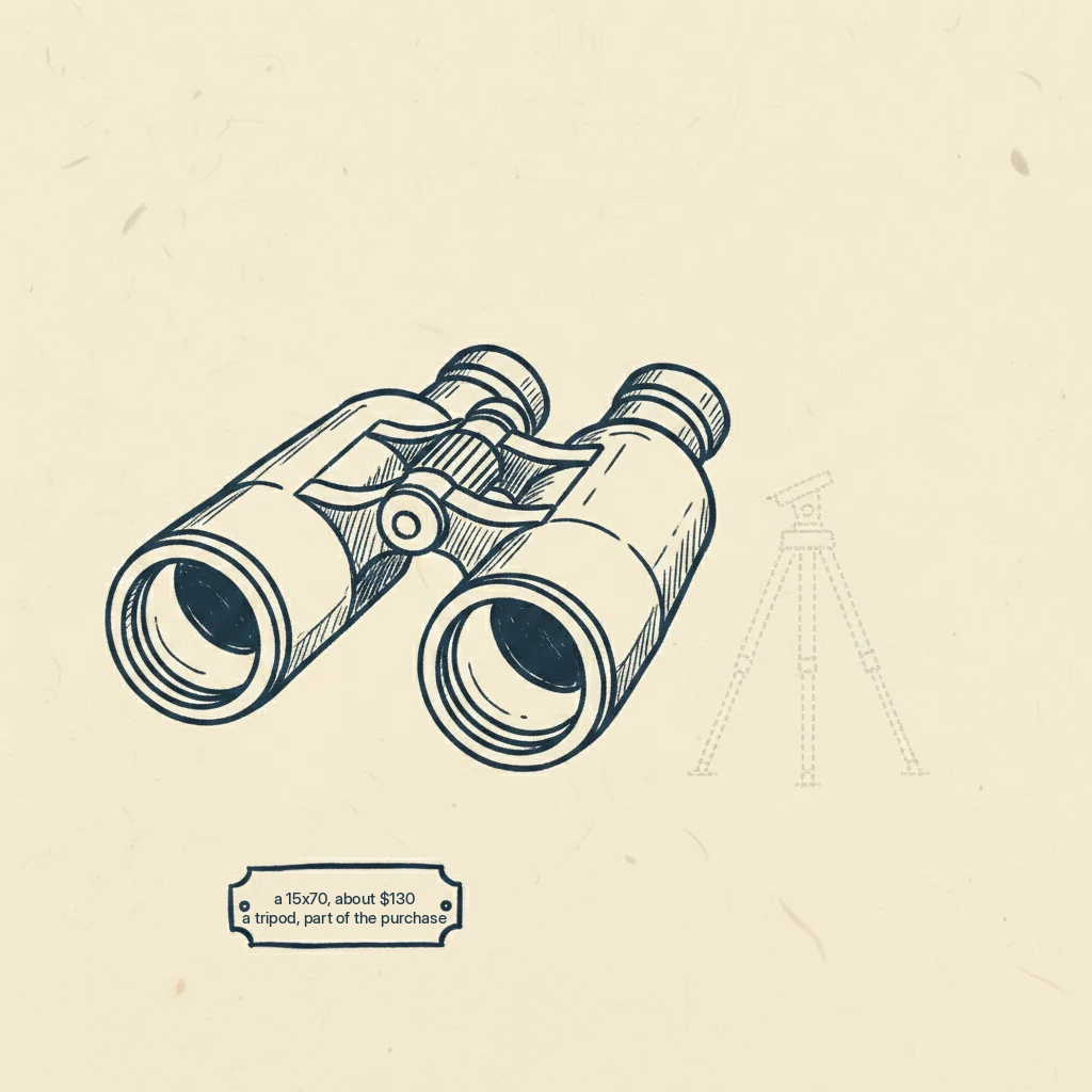 a drawing showing that big stargazing binoculars need a tripod you have to buy too