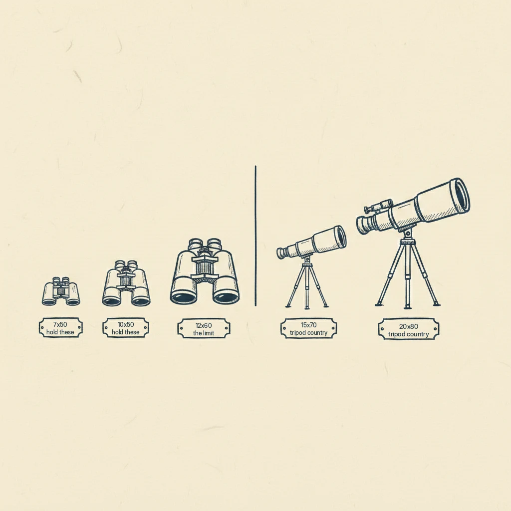 a drawing showing which stargazing binoculars you can hold and which need a tripod