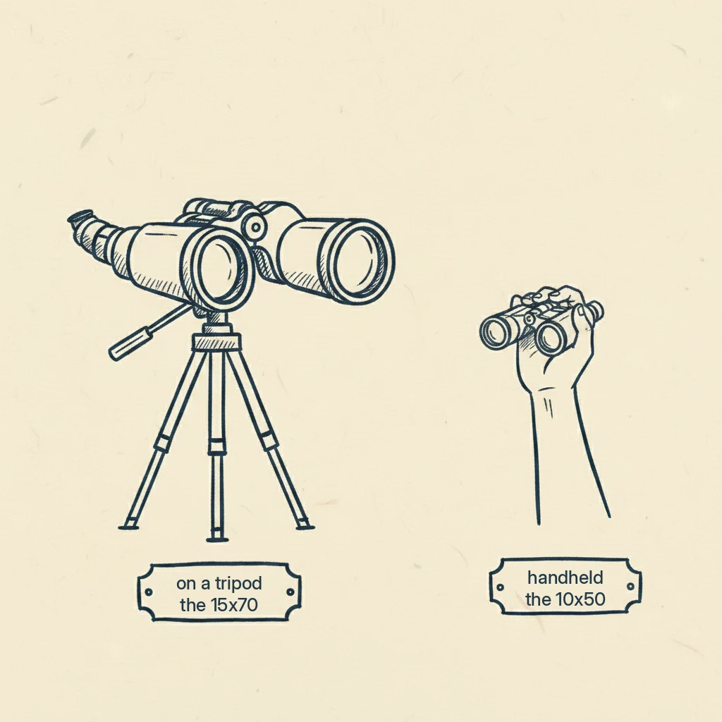 a 15x70 on a tripod beside a 10x50 held in a hand