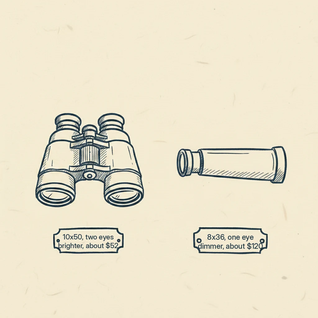 a drawing comparing the price of stargazing binoculars and a monocular