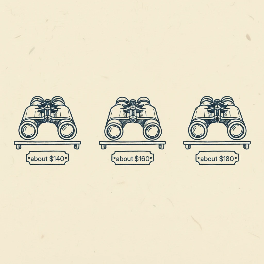 a drawing showing that the same binoculars cost different amounts in different shops