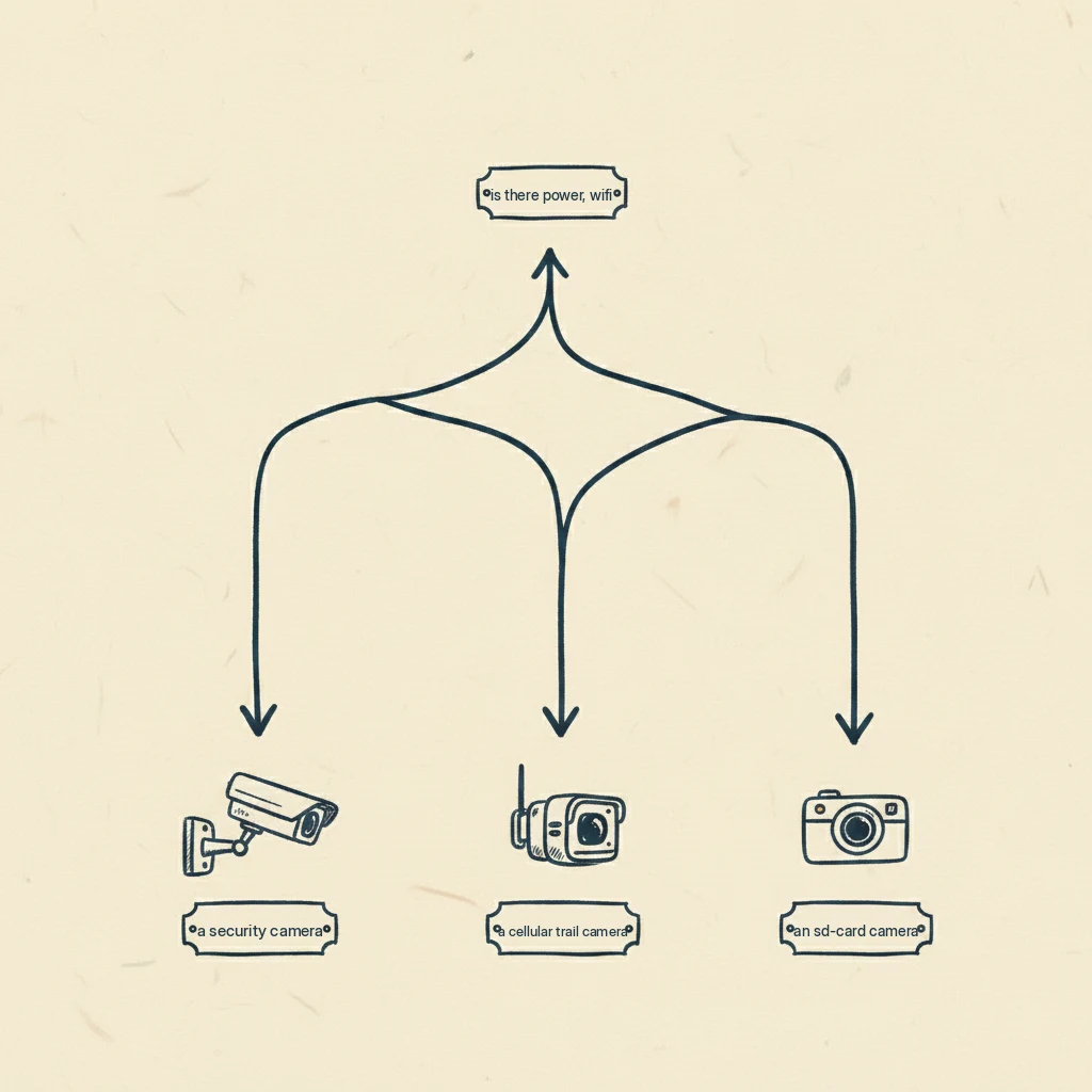 a drawing that helps you choose between a security camera and a trail camera for a driveway
