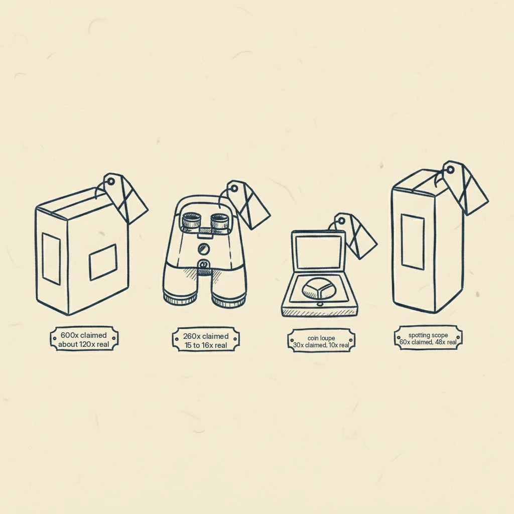 a drawing showing four different tools, a telescope, binoculars, a coin magnifier, and a spotting scope, where the big magnification number on each box is crossed out and the real smaller useful number is written next to it