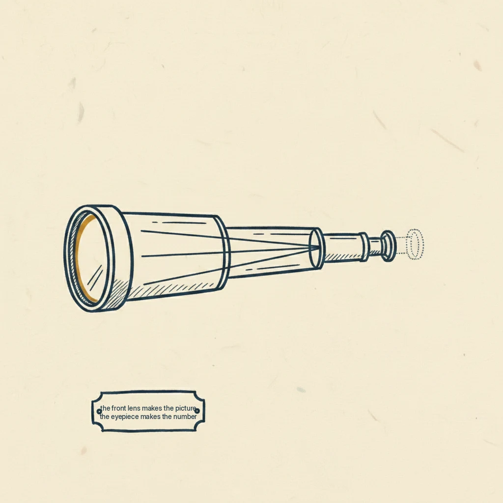 a drawing showing that the front lens of an optical tool makes the picture while the eyepiece just makes the magnification number on the box