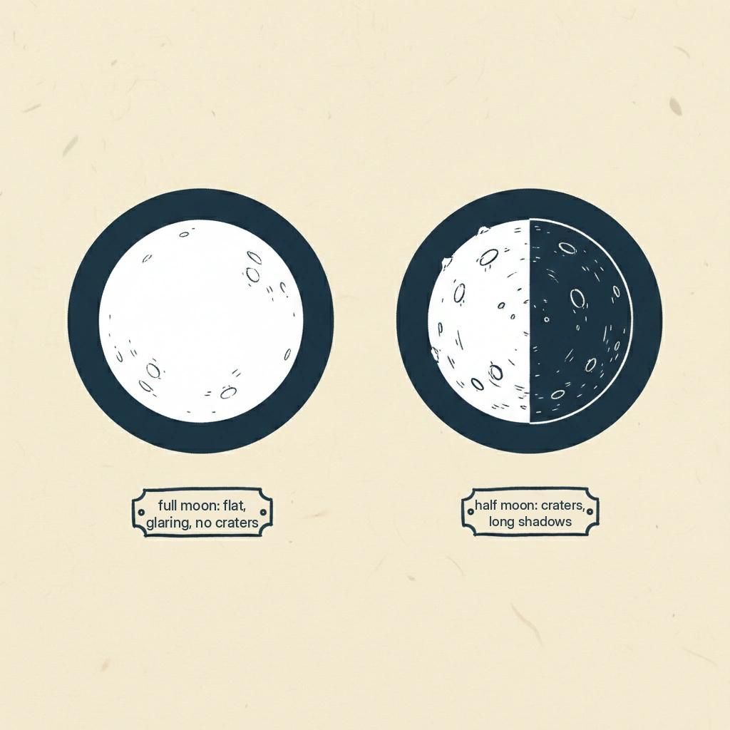 why the moon looks better when it's not full: on a half moon the craters cast shadows and you can actually see them, but a full moon looks flat and washed out