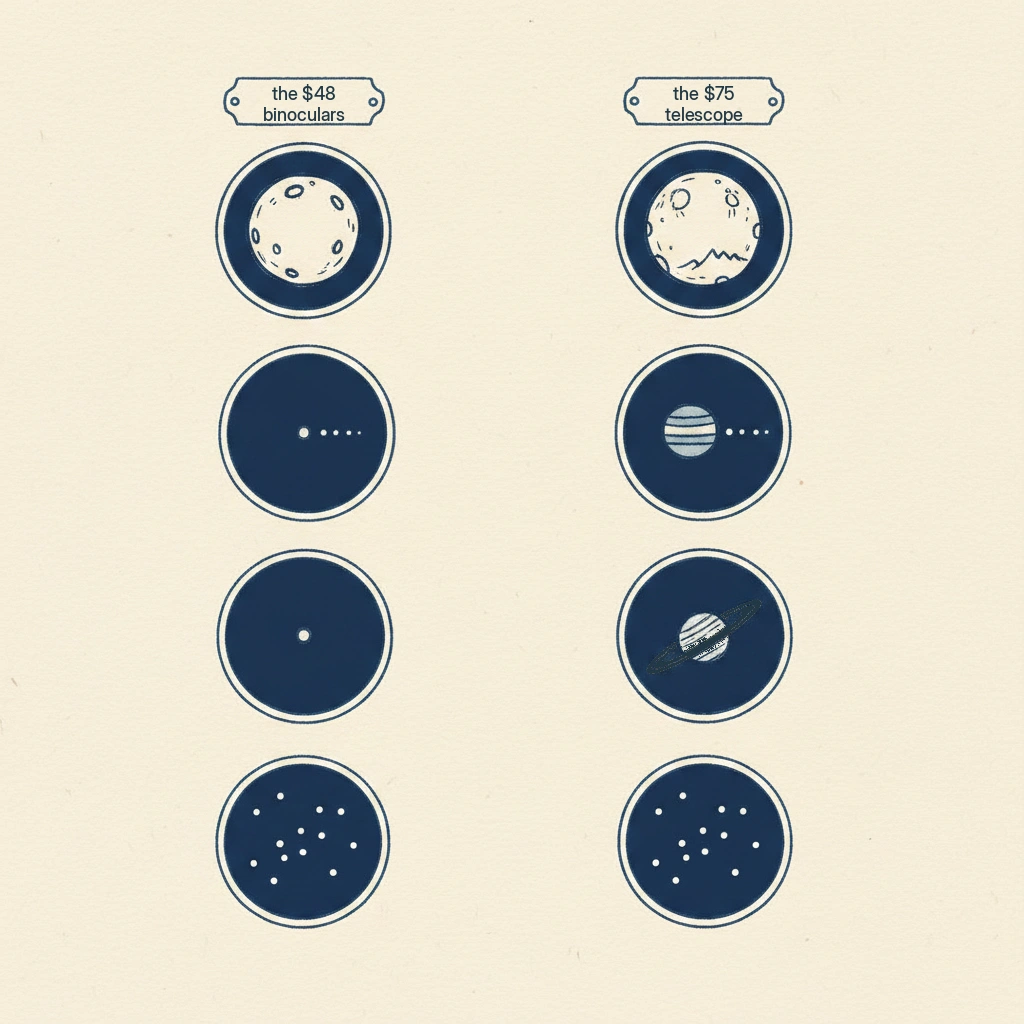what you can see with binoculars versus a cheap telescope: binoculars are better for the moon and star clusters, but only a telescope shows saturn's rings