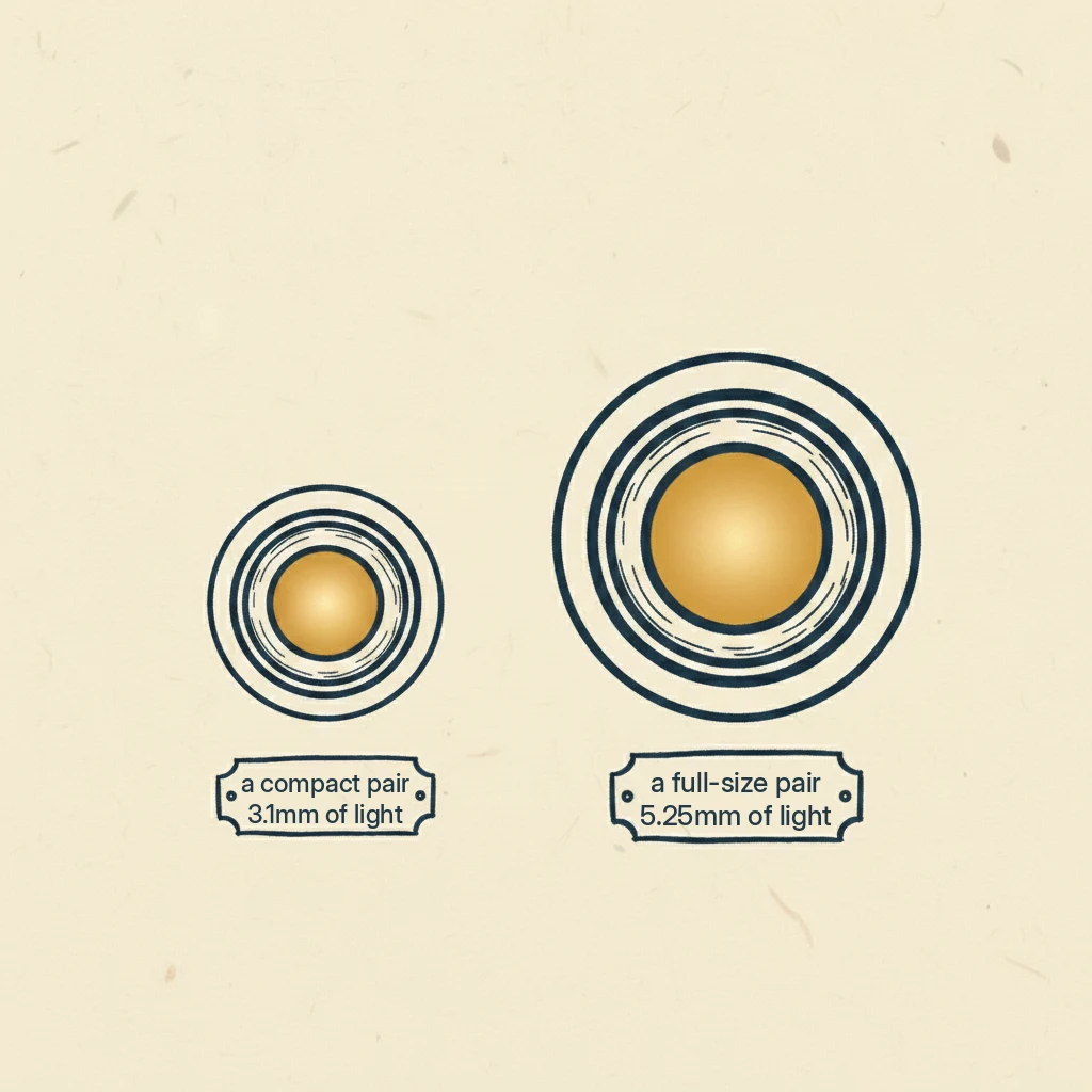 why small binoculars are dimmer: the little circle of light that reaches your eye is about half the size on a compact pair