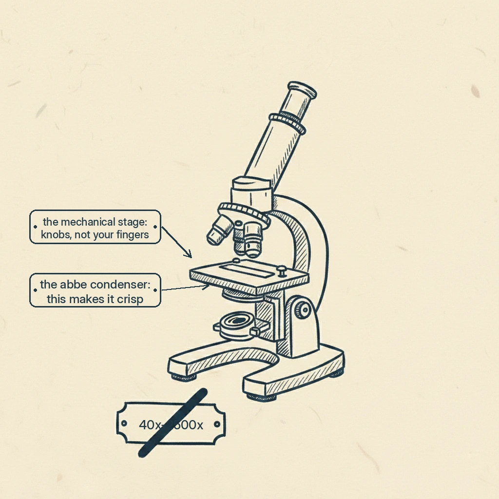 the two parts that tell you a microscope is real and not a toy, a stage that moves with knobs, and a condenser under the slide, the magnification number on the box isn't one of them