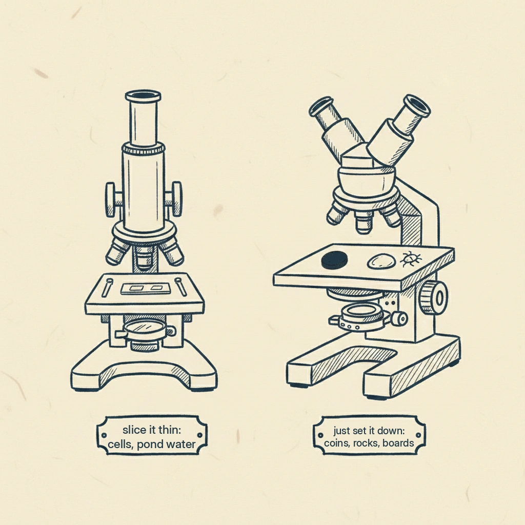 the difference between the two kinds of microscope, one is for thin slides, the other is for looking at solid objects you already own