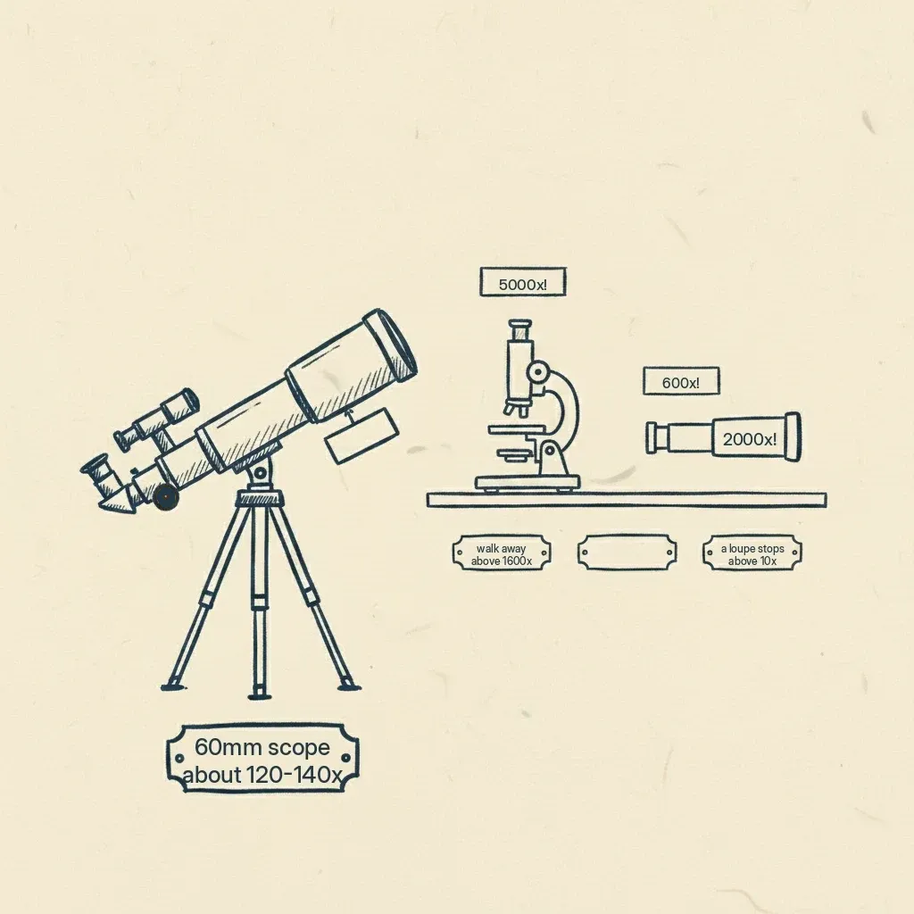 the same made-up magnification number appears on telescopes, microscopes and monoculars, and every one of them has a real limit the box never mentions