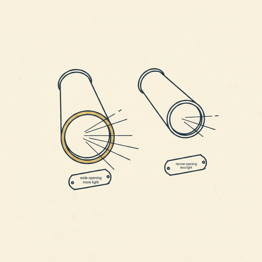 Simple drawn comparison of a wide light-gathering opening next to a narrow one, labeled in plain words