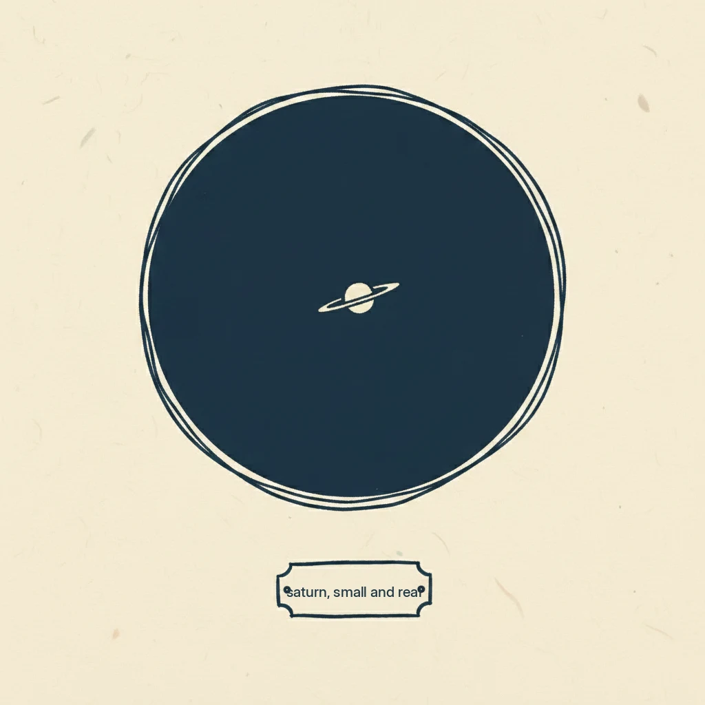 Drawn view through the eyepiece: a small bright Saturn with rings inside a black circle, labeled in plain words